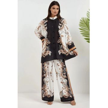 Set coordonat doua piese -  guler floral - talie inalta - negru - textil