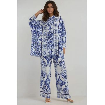 Set doua piese  model floral - talie inalta - croiala larga - albastru - textil