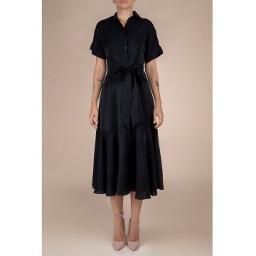 Rochie-camasa midi cu volane si cordon in talie