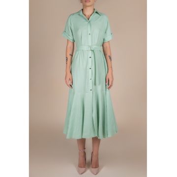 Rochie-camasa midi cu volane si cordon in talie