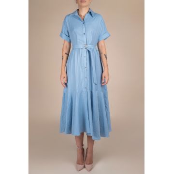 Rochie-camasa midi cu volane si cordon in talie
