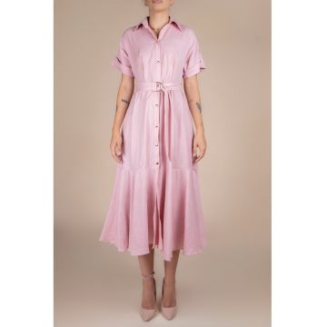 Rochie-camasa midi cu volane si cordon in talie