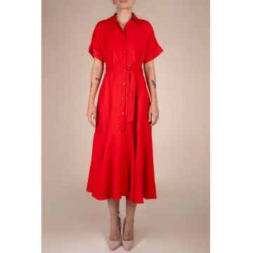 Rochie-camasa midi cu volane si cordon in talie