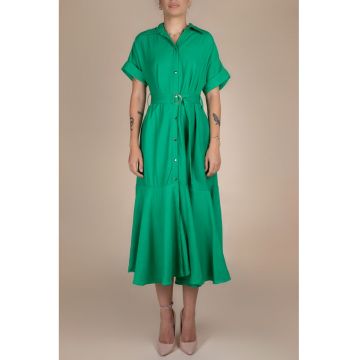 Rochie-camasa midi cu volane si cordon in talie