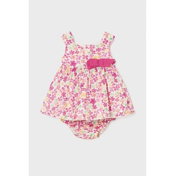 Rochie cu model floral si funda - Galben/Roz