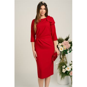 Rochie eleganta din stofa rosie cu funda maxi pe umar si fronseu in talie