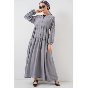 Rochie maxi dama -  elastan/poliester - decolteu in V - inchidere cu nasturi - gri