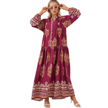 Rochie maxi dama -  viscoza - cu imprimeu - decolteu V - multicolor
