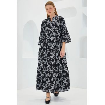 Rochie maxi -  decolteu in V - maneci trei sferturi - neagra - bumbac -