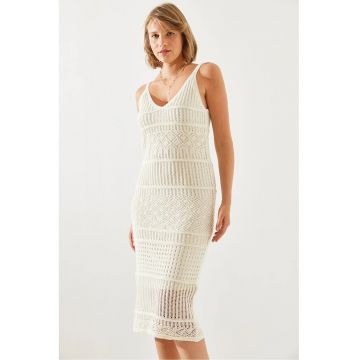 Rochie midi tricotata -  decolteu in V - texturata - bej - tricot -