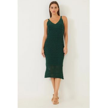 Rochie midi tricotata  texturata - decolteu in V - verde - material confortabil -