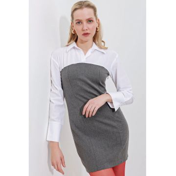 Rochie mini  color block cu guler camasa si funda - gri - bumbac si poliester