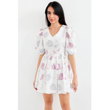 Rochie mini  cu broderie florala - decolteu in V - amestec bumbac-poliester-nailon