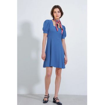 Rochie mini tricotata -  guler patrat - albastru - poliester
