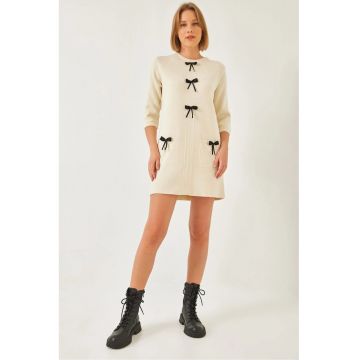 Rochie tricotata -  texturata cu funda - bej - tricot -