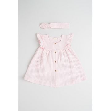 Set de rochie cu model in dungi si bentita - 2 piese