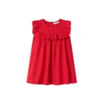 Rochie din bumbac si in - cu volanase - Rosu