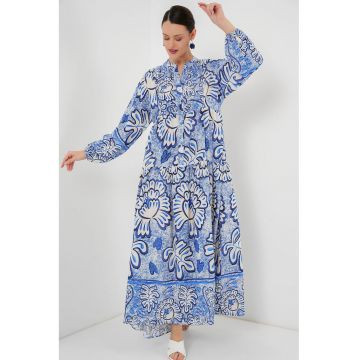Rochie maxi dama -  cu decolteu in V - viscoza - alb/albastru -