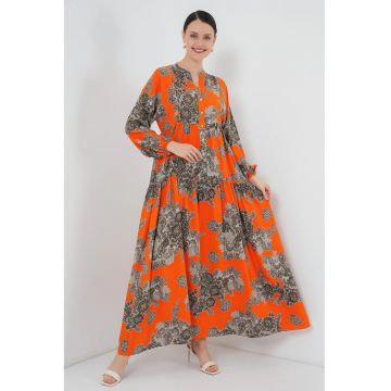 Rochie maxi dama -  cu decolteu in V - viscoza - gri/portocaliu Rochie maxi dama -  cu decolteu in V - viscoza - gri/portocaliu