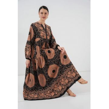Rochie maxi dama -  cu decolteu in V - viscoza - negru/maro -