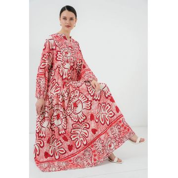 Rochie maxi dama - cu imprimeu -  decolteu in V - viscoza - alb/rosu