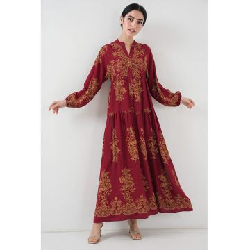 Rochie maxi dama - cu imprimeu -  decolteu in V - viscoza - rosu/galben Rochie maxi dama - cu imprimeu -  decolteu in V - viscoza - rosu/galben