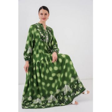 Rochie maxi dama  cu imprimeu - decolteu in V - viscoza - verde