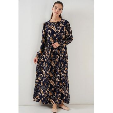 Rochie maxi dama -  cu imprimeu - inchidere cu snur - viscoza - bleumarin/bej