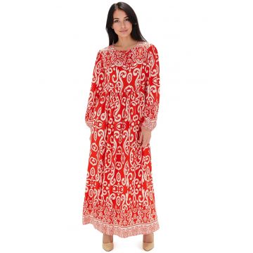 Rochie maxi dama -  cu imprimeu - inchidere cu snur - viscoza - rosu/bej