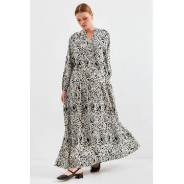 Rochie maxi dama -  cu imprimeu - viscoza - maneca lunga - negru/bej