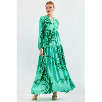 Rochie maxi dama -  cu imprimeu - viscoza - maneca lunga - verde