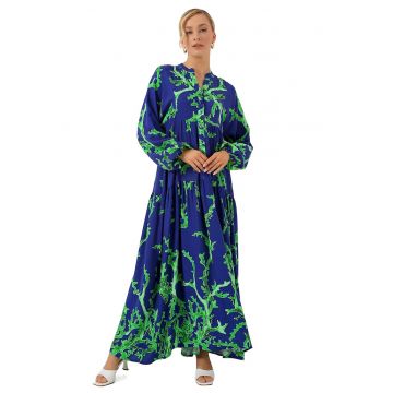 Rochie maxi dama -  decolteu in V - cu imprimeu - maneci lungi - viscoza - albastru/verde