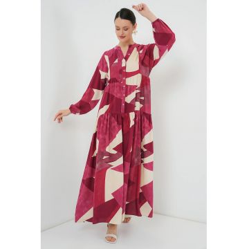 Rochie maxi dama - din viscoza -  cu imprimeu - decolteu in V - bordeaux/crem Rochie maxi dama - din viscoza -  cu imprimeu - decolteu in V - bordeaux/crem