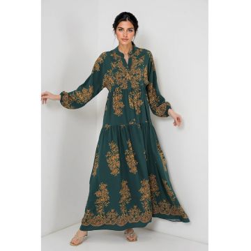 Rochie maxi dama - din viscoza -  cu imprimeu - decolteu in V - verde/galben -