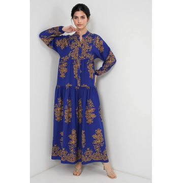 Rochie maxi dama -  inchidere cu nasturi - viscoza - cu imprimeu - galben/albastru