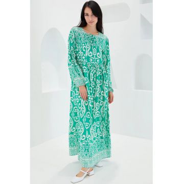 Rochie maxi dama -  inchidere cu snur - viscoza - verde/alb