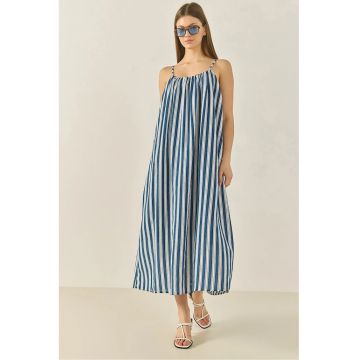 Rochie maxi dama -  poliester/viscoza/poliamida - cu dungi - albastru/alb