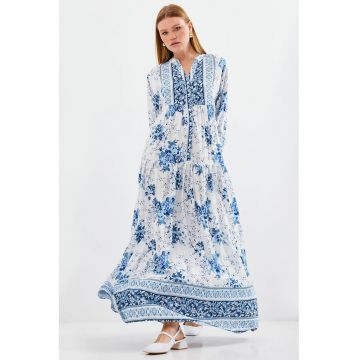 Rochie maxi dama - viscoza -  decolteu in V - alb/albastru
