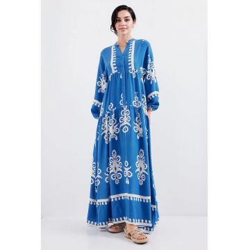 Rochie maxi dama - viscoza -  decolteu in V - alb/albastru indigo