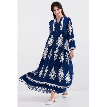 Rochie maxi dama - viscoza -  decolteu in V - alb/albastru -