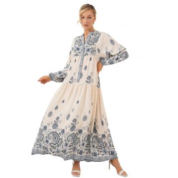 Rochie maxi dama -  viscoza - decolteu in V - cu imprimeu - bej/albastru -