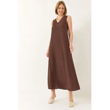 Rochie maxi -  decolteu in V - croiala lejera - maro - textil