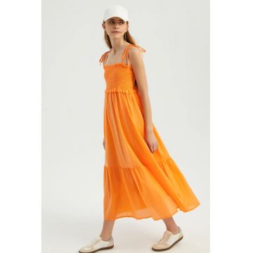 Rochie maxi -  decolteu patrat - curea - portocaliu - textil