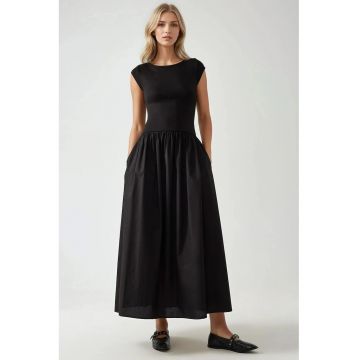 Rochie maxi -  decolteu tip barca - croiala in forma de A - neagra - textil