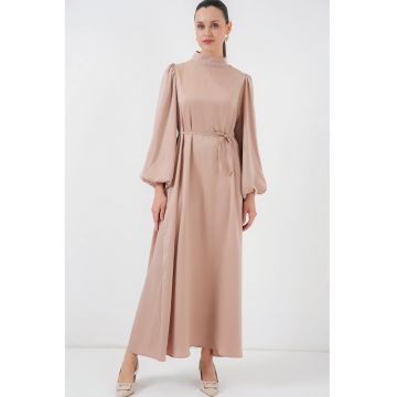 Rochie maxi  din satin - cu guler inalt si funda - bej