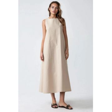 Rochie maxi -  forma de A - bej - fara maneci - decolteu rotund - textil
