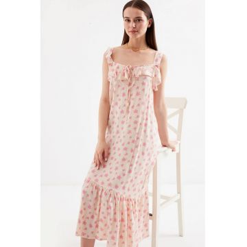 Rochie maxi  guler patrat - detalii cu volane - roz - viscoza
