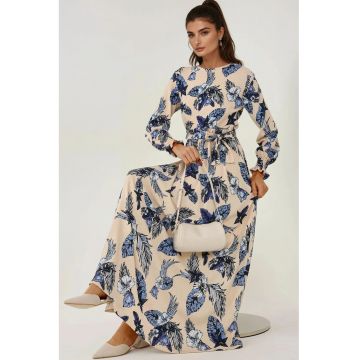 Rochie maxi -  guler rotund - maneca lunga - bej - jerseu