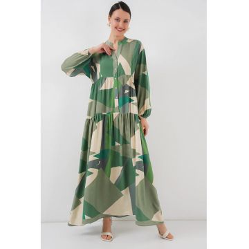 Rochie maxi -  imprimeu - decolteu in V - kaki - textil - Rochie maxi -  imprimeu - decolteu in V - kaki - textil -