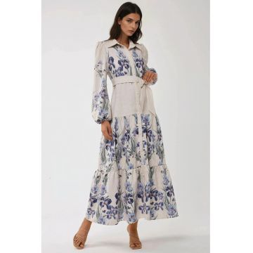 Rochie maxi -  imprimeu floral - alb - albastru - lycra